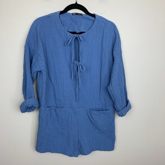 Zara Blue Long Sleeve Short Textured Crepe Romper - Size Medium - Picture 1 of 7
